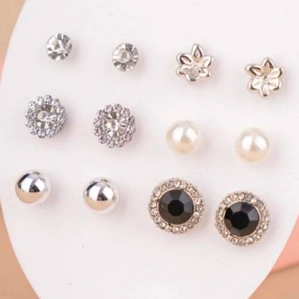 Rhinestone Flowers and Pearls, Silver Stud Earrings. Assorted Set of 6